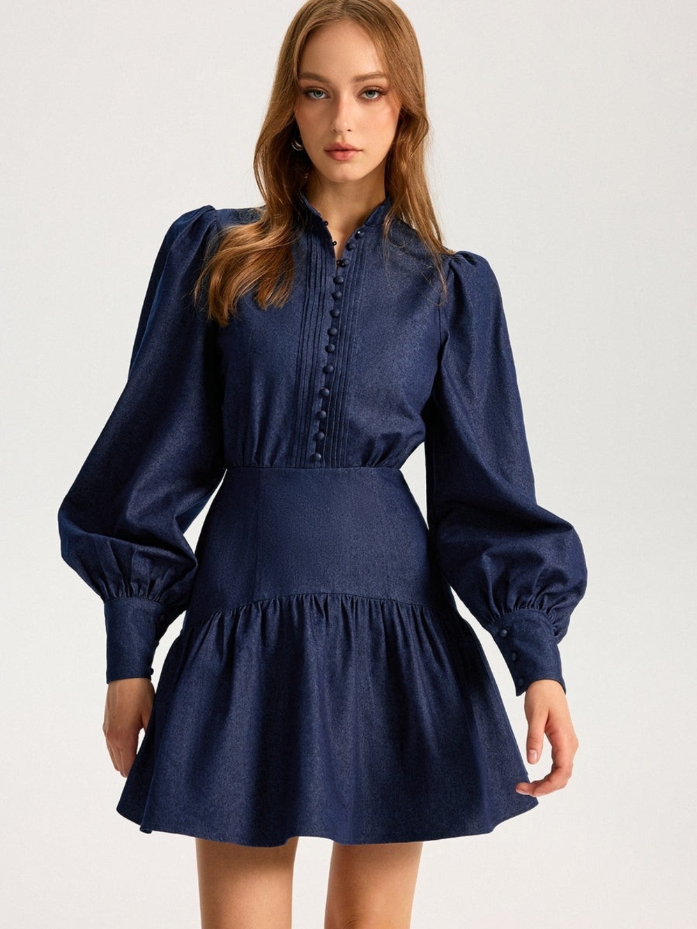 Commense Navy Button-Front Puff Sleeve Mini Dress